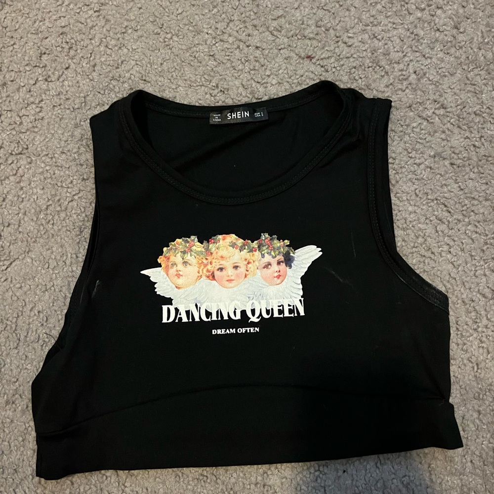 Black Graphic Angel Crop Top